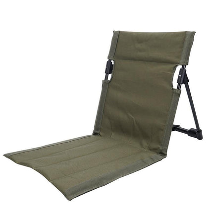 Army Green Portable Outdoor Ground Chair with Back Support Folding Beach Mat Seat Lightweight Aluminium Frame for Camping Festivals and Picnics.