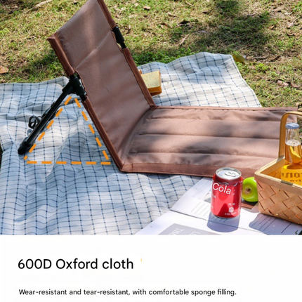 Army Green Portable Outdoor Ground Chair with Back Support Folding Beach Mat Seat Lightweight Aluminium Frame for Camping Festivals and Picnics.