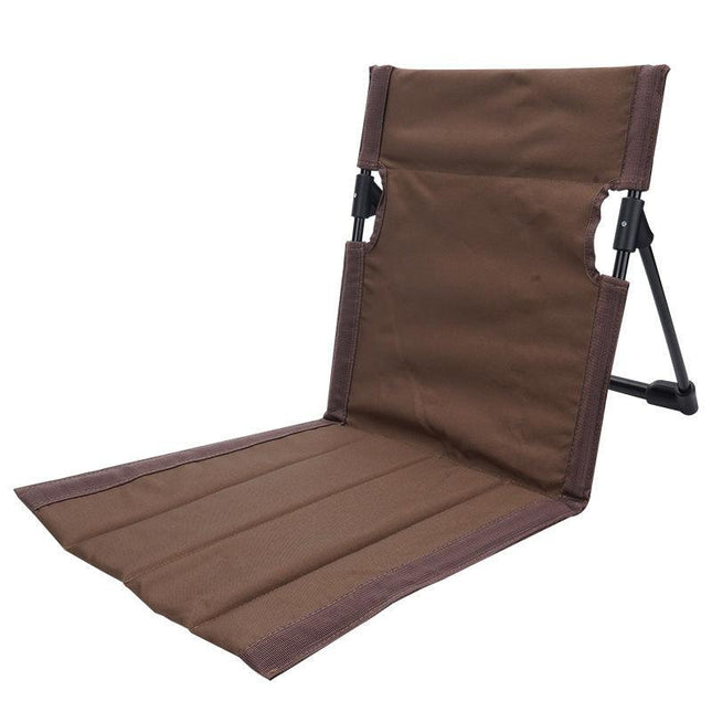 Brown Portable Outdoor Ground Chair with Back Support Folding Beach Mat Seat Lightweight Aluminium Frame for Camping Festivals and Picnics.