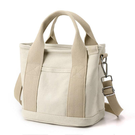 Beige Small Canvas Tote Bag Crossbody Lunch Handbag with Adjustable Strap Fits 9.7 Inch Tablet for Women Daily Work and Travel.