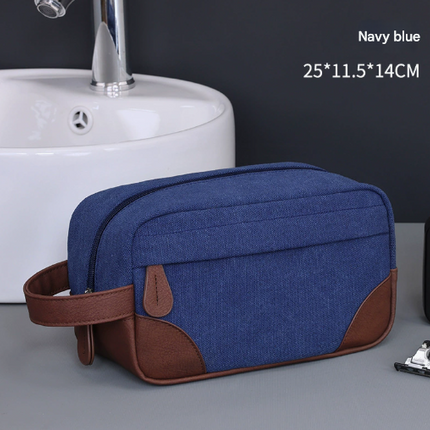 Navy Blue Men's Vintage Canvas Toiletry Bag PU Leather Accent Travel Wash Pouch Large Capacity Shaving Kit Organiser.