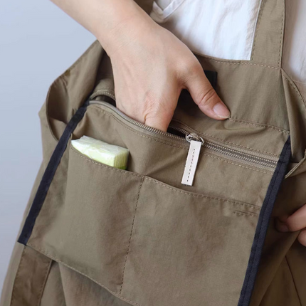 Light Brown Women's Minimalist Nylon Tote Bag Ultra Lightweight Shoulder Shopper Large Capacity Fits A4 Documents for Work and School.