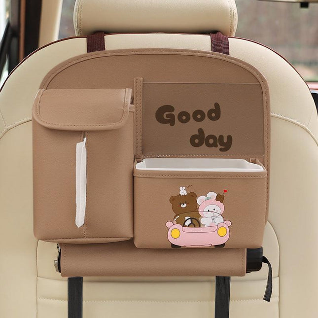 Brown Cute Bear Car Back Seat Organiser PU Leather Hanging Storage Pouch with Tissue Box Holder and Umbrella Strap Universal Travel Accessory.