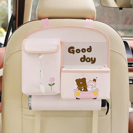 Pink Cute Bear Car Back Seat Organiser PU Leather Hanging Storage Pouch with Tissue Box Holder and Umbrella Strap Universal Travel Accessory.