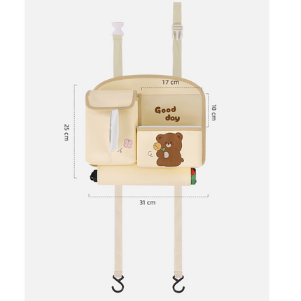 Pink Cute Bear Car Back Seat Organiser PU Leather Hanging Storage Pouch with Tissue Box Holder and Umbrella Strap Universal Travel Accessory.