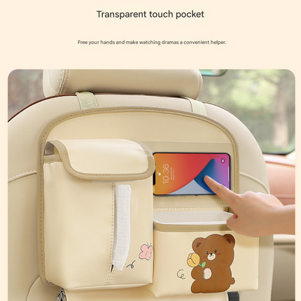 Pink Cute Bear Car Back Seat Organiser PU Leather Hanging Storage Pouch with Tissue Box Holder and Umbrella Strap Universal Travel Accessory.