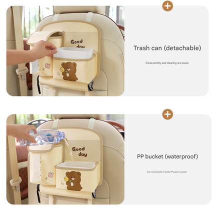 Pink Cute Bear Car Back Seat Organiser PU Leather Hanging Storage Pouch with Tissue Box Holder and Umbrella Strap Universal Travel Accessory.