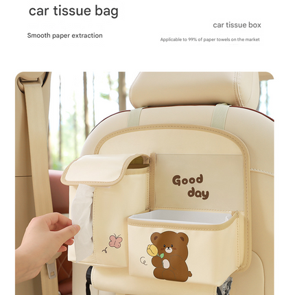Pink Cute Bear Car Back Seat Organiser PU Leather Hanging Storage Pouch with Tissue Box Holder and Umbrella Strap Universal Travel Accessory.