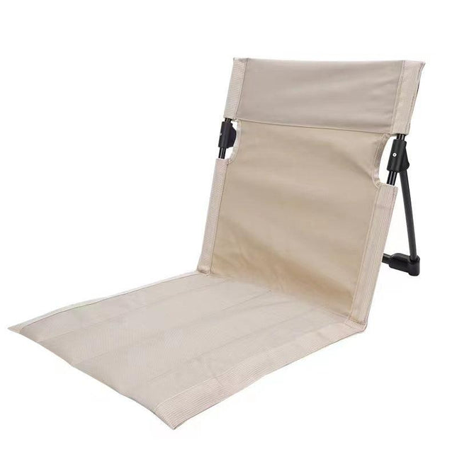 Beige Portable Outdoor Ground Chair with Back Support Folding Beach Mat Seat Lightweight Aluminium Frame for Camping Festivals and Picnics.