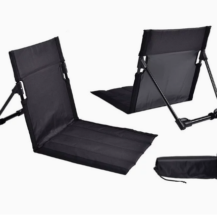 Black Portable Outdoor Ground Chair with Back Support Folding Beach Mat Seat Lightweight Aluminium Frame for Camping Festivals and Picnics.