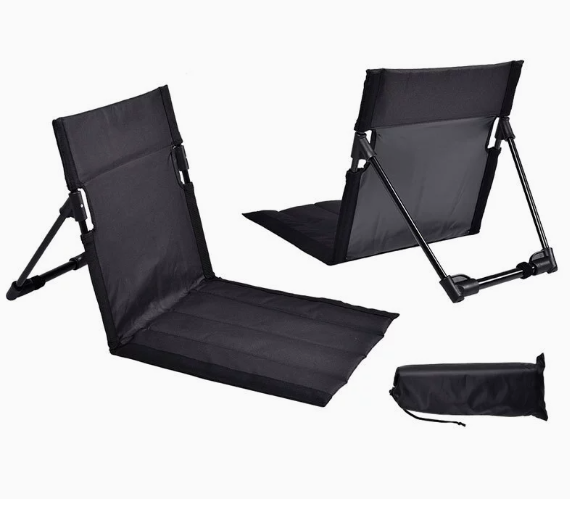 Black Portable Outdoor Ground Chair with Back Support Folding Beach Mat Seat Lightweight Aluminium Frame for Camping Festivals and Picnics.