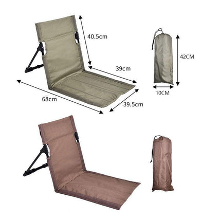 Black Portable Outdoor Ground Chair with Back Support Folding Beach Mat Seat Lightweight Aluminium Frame for Camping Festivals and Picnics.