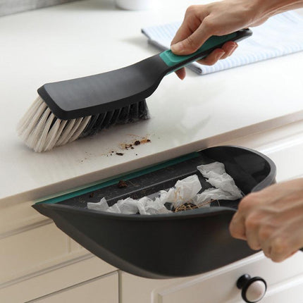 2-Piece Handheld Dustpan and Brush Set Mini Broom with Soft Rubber Lip for Kitchen Desktop Car and Camping Cleaning.