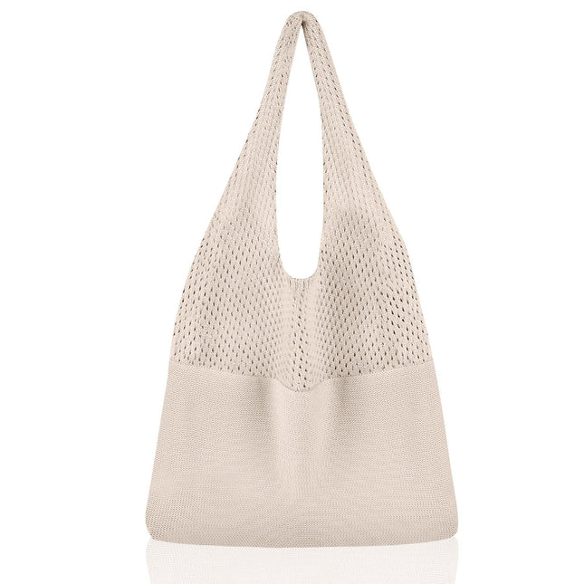 Beige Women's Large Mesh Beach Tote Bag Boho Crochet Shoulder Shopper Reusable Eco Grocery Net Bag for Summer Travel and Markets.