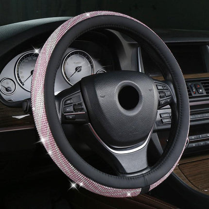 Pink-black Bling Crystal Steering Wheel Cover 38cm Universal Fit Rhinestone Car Accessories for Women - Non-Slip Diamond Protector for Standard 15 Inch Wheels.