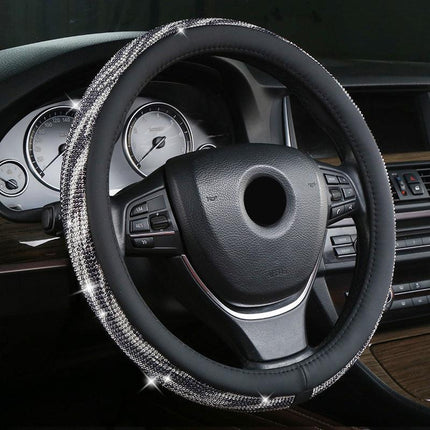 White-black Bling Crystal Steering Wheel Cover 38cm Universal Fit Rhinestone Car Accessories for Women - Non-Slip Diamond Protector for Standard 15 Inch Wheels.