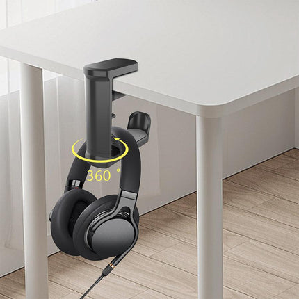 Black Under Desk Headphone Hanger Clamp 360 Degree Rotating - Adjustable Headset Holder Hook with Cable Organiser for Home Office & Gaming Setup (Fits 1-5.5cm Desks).