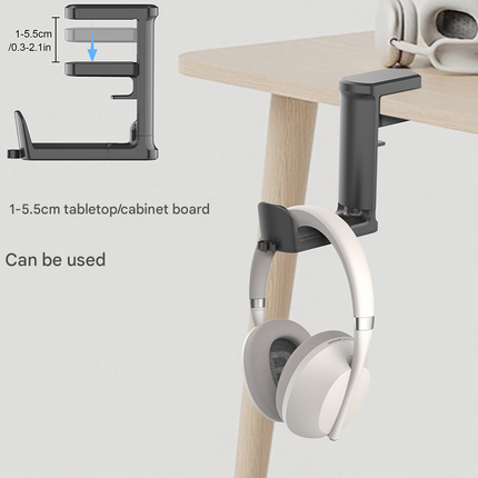Black Under Desk Headphone Hanger Clamp 360 Degree Rotating - Adjustable Headset Holder Hook with Cable Organiser for Home Office & Gaming Setup (Fits 1-5.5cm Desks).