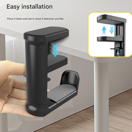 Black Under Desk Headphone Hanger Clamp 360 Degree Rotating - Adjustable Headset Holder Hook with Cable Organiser for Home Office & Gaming Setup (Fits 1-5.5cm Desks).