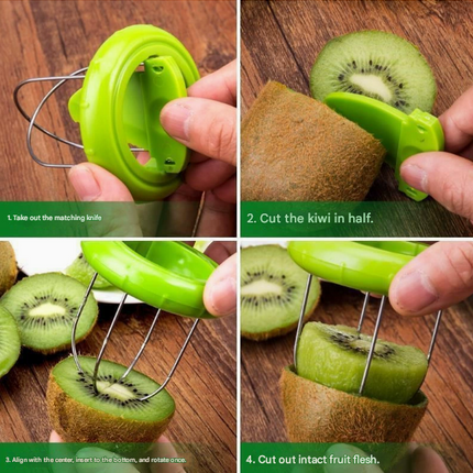 Green 4 Pack Kiwi Fruit Cutter and Peeler Tool with Detachable Knife - Stainless Steel Wire Slicer for Dragon Fruit & Soft Fruits - Mess-Free Kitchen Gadget.