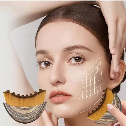 Two-piece Facial Contour and Massage Brush with Storage Case - Soft High-Density Bristles for Face Neck & Lymphatic Care - Portable Ergonomic Design (Wood Pattern).