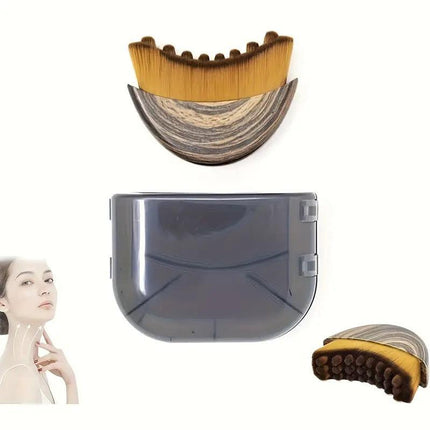 Two-piece Facial Contour and Massage Brush with Storage Case - Soft High-Density Bristles for Face Neck & Lymphatic Care - Portable Ergonomic Design (Wood Pattern).