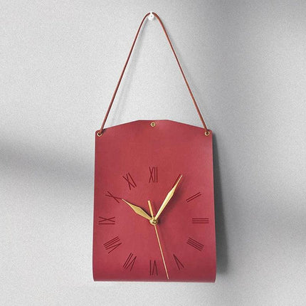 Red Nordic Style PU Leather Hanging Wall Clock Vintage Industrial Design with Roman Numerals Creative Art Timepiece for Cafe Living Room and Office.