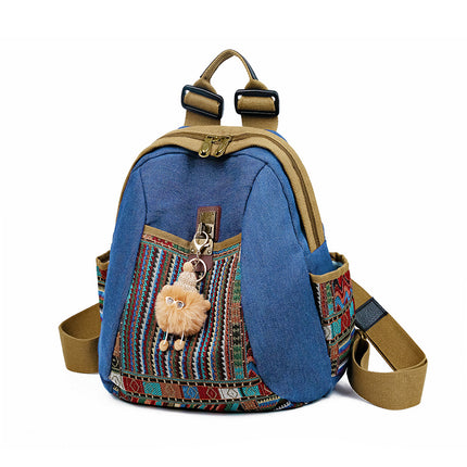 Vintage Denim Backpack with Boho Embroidery - Spacious Lightweight Daypack for Women - Casual Canvas Rucksack for Travel, School & Festivals (39cm Height).