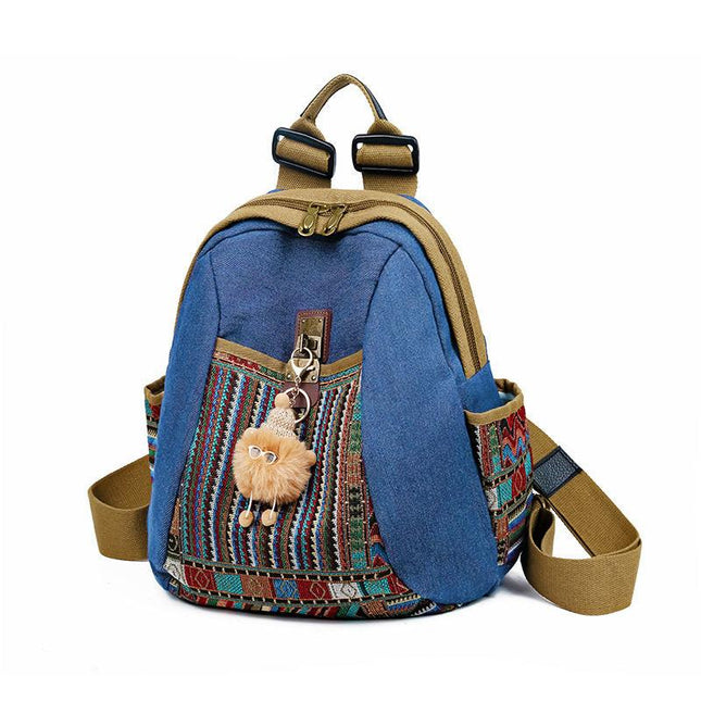 Vintage Denim Backpack with Boho Embroidery - Spacious Lightweight Daypack for Women - Casual Canvas Rucksack for Travel, School & Festivals (39cm Height).