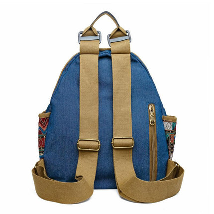 Vintage Denim Backpack with Boho Embroidery - Spacious Lightweight Daypack for Women - Casual Canvas Rucksack for Travel, School & Festivals (39cm Height).