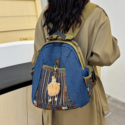 Vintage Denim Backpack with Boho Embroidery - Spacious Lightweight Daypack for Women - Casual Canvas Rucksack for Travel, School & Festivals (39cm Height).