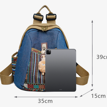 Vintage Denim Backpack with Boho Embroidery - Spacious Lightweight Daypack for Women - Casual Canvas Rucksack for Travel, School & Festivals (39cm Height).