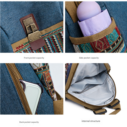 Vintage Denim Backpack with Boho Embroidery - Spacious Lightweight Daypack for Women - Casual Canvas Rucksack for Travel, School & Festivals (39cm Height).