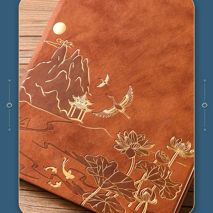 Green A5 Premium Notebook Gift Set with Pen - Red PU Leather Journal with Gold Oriental Art - 200 Pages Business Diary & Corporate Gift Box (Lotus & Crane Design).