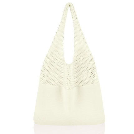 White Women's Large Mesh Beach Tote Bag Boho Crochet Shoulder Shopper Reusable Eco Grocery Net Bag for Summer Travel and Markets.