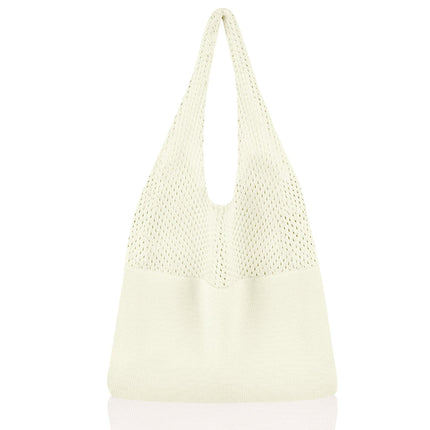 White Women's Large Mesh Beach Tote Bag Boho Crochet Shoulder Shopper Reusable Eco Grocery Net Bag for Summer Travel and Markets.