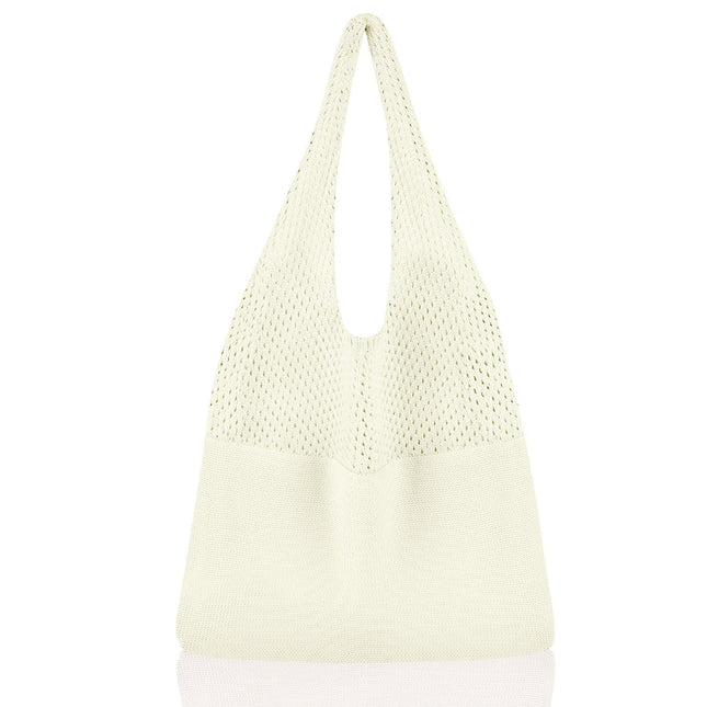 White Women's Large Mesh Beach Tote Bag Boho Crochet Shoulder Shopper Reusable Eco Grocery Net Bag for Summer Travel and Markets.