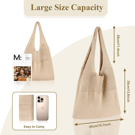 White Women's Large Mesh Beach Tote Bag Boho Crochet Shoulder Shopper Reusable Eco Grocery Net Bag for Summer Travel and Markets.