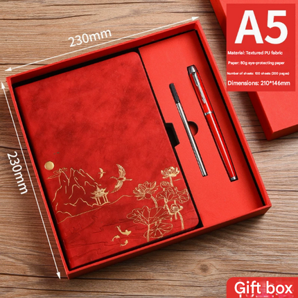 Brown A5 Premium Notebook Gift Set with Pen - Red PU Leather Journal with Gold Oriental Art - 200 Pages Business Diary & Corporate Gift Box (Lotus & Crane Design).