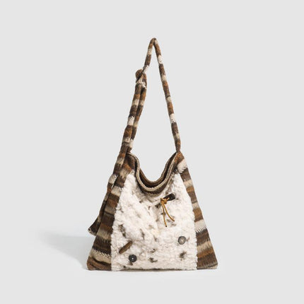 Women's Fur Splicing Large Tote Bag Wool Knit Shoulder Crossbody Bag for Casual Commute 40x36cm.