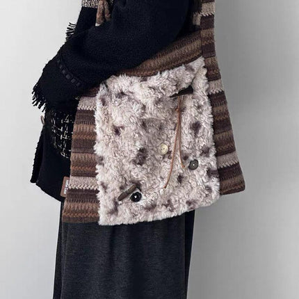 Women's Fur Splicing Large Tote Bag Wool Knit Shoulder Crossbody Bag for Casual Commute 40x36cm.