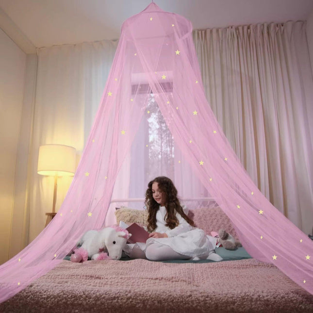 Pink Glow-in-the-Dark Stars Princess Bed Canopy Mosquito Net for King Queen Beds 250cm Height Extra Large 12m Circumference Australian Decor.