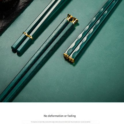 Two-piece Set Premium Alloy Chopsticks Set of 5 Pairs - 24.3cm Emerald Green and Gold Luxury Reusable Utensils for Modern Australian Dining.