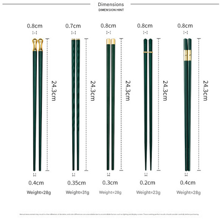 Two-piece Set Premium Alloy Chopsticks Set of 5 Pairs - 24.3cm Emerald Green and Gold Luxury Reusable Utensils for Modern Australian Dining.