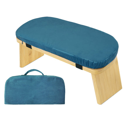 Blue Foldable Wooden Meditation Stool with Padded Cushion 45x21cm - Portable Yoga Kneeling Bench with Carry Bag for Mindfulness and Home Zen.