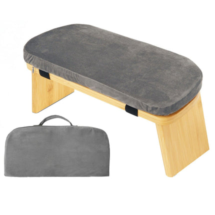 Grey Foldable Wooden Meditation Stool with Padded Cushion 45x21cm - Portable Yoga Kneeling Bench with Carry Bag for Mindfulness and Home Zen.