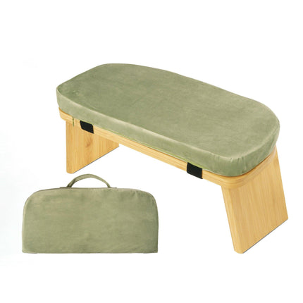 Green Foldable Wooden Meditation Stool with Padded Cushion 45x21cm - Portable Yoga Kneeling Bench with Carry Bag for Mindfulness and Home Zen.