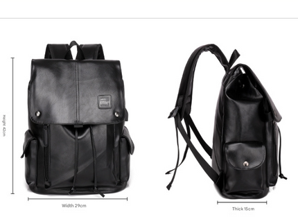 Black Men's Fashion PU Leather Backpack - Large Capacity 42cm Laptop Rucksack for University, Travel and Casual Business Use.