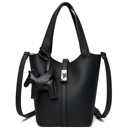 Black Women's Small PU Leather Bucket Bag with Secure Lock and Horse Charm - 20cm Compact Crossbody Handbag for Everyday Use.
