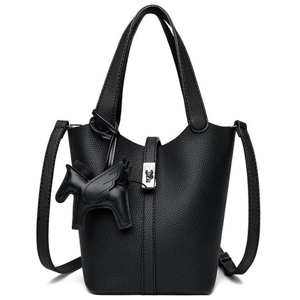 Black Women's Small PU Leather Bucket Bag with Secure Lock and Horse Charm - 20cm Compact Crossbody Handbag for Everyday Use.